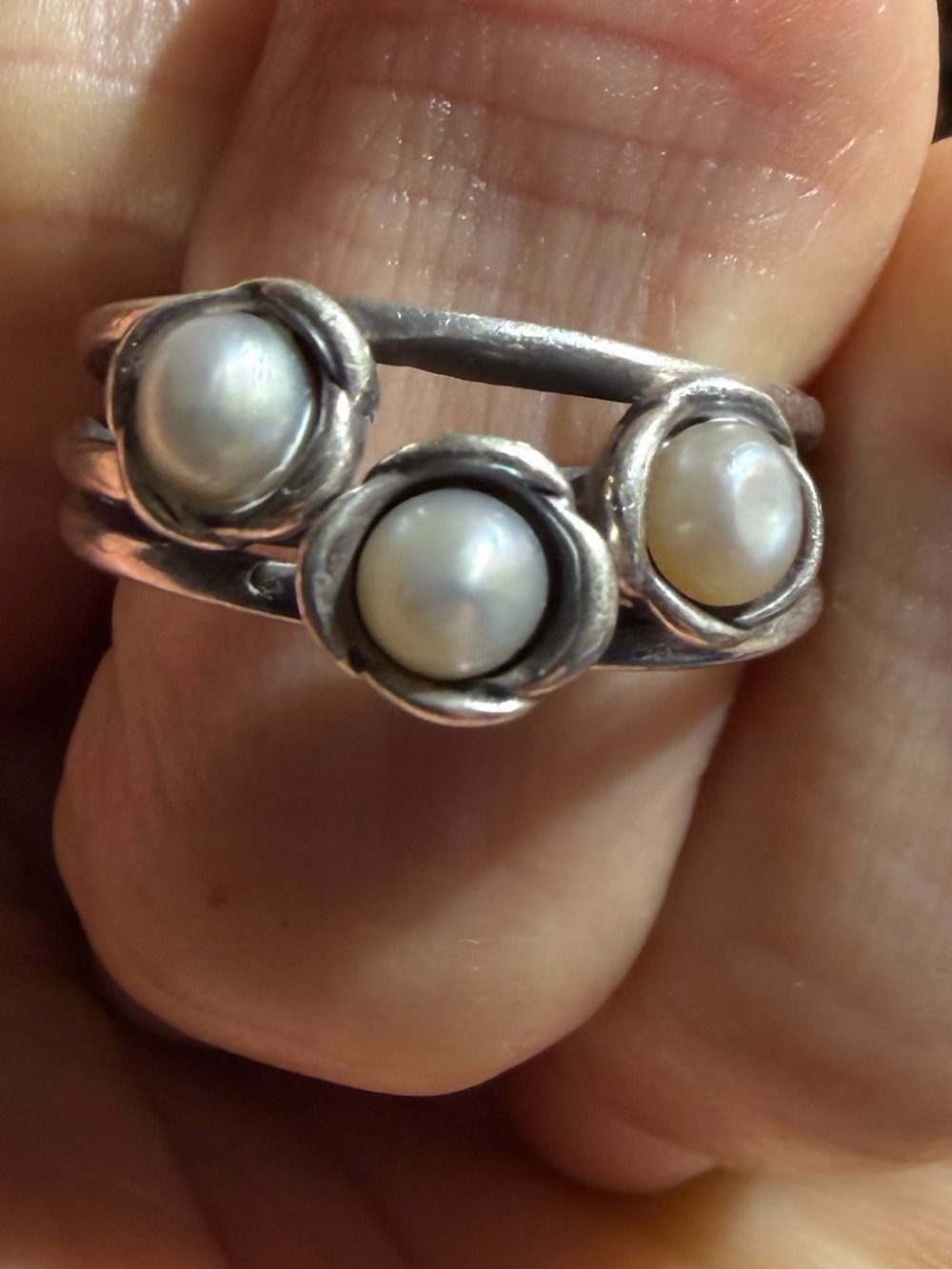Vintage Pandora 925 Sterling Silver Pearls Three Wishes Ring Size 7